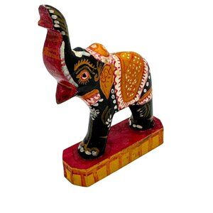 Wooden Elephant on Platform Decorative Sculpture Hand Painted Trunk Up Vtg 4"